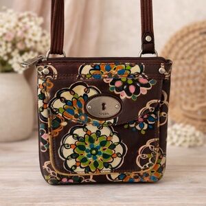 Fossil Key-Per Floral Crossbody Bag Brown Boho Canvas
